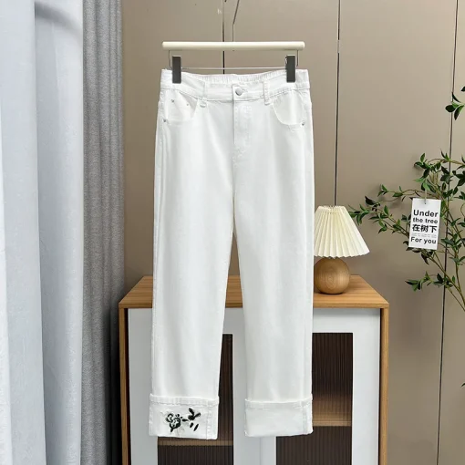 Plus Size Embroidered High Waist Casual Ankle Pants