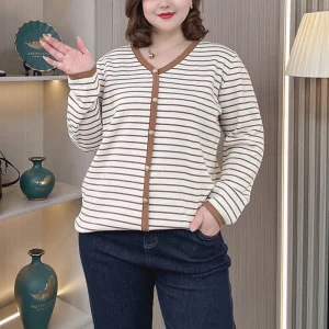 Plus Size Women V-neck Striped Sweaters Decorative Button