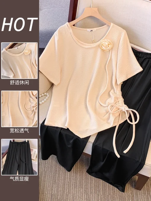 Plus Size Women's Summer Loose Drawstring T-shirt Wide Leg Pants Set - Image 5