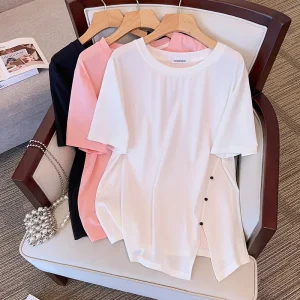 Plus Size Women's Summer Loose Short Sleeve Split T-shirt