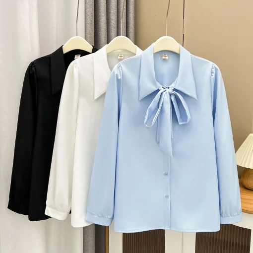 Plus Size Bow Lace-Up Puff Sleeve Blouse Shirt - Image 2