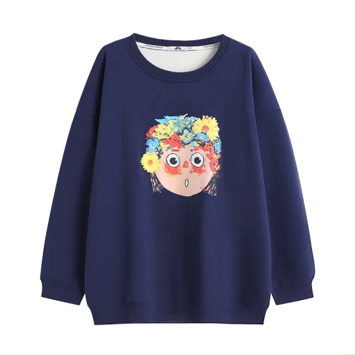 Plus Size Loose Fleece Sweatshirt with Printed Design - Image 6