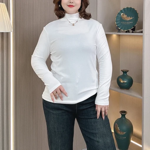 5XL Plus Size Women’s Slim Stand Collar Brushed T-Shirt - Image 5