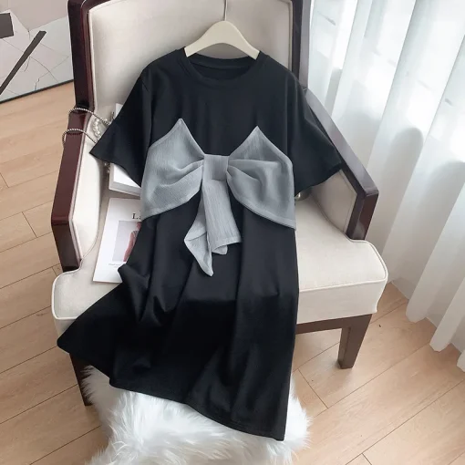 Plus Size Loose Round Neck Short-Sleeved Bow Dress