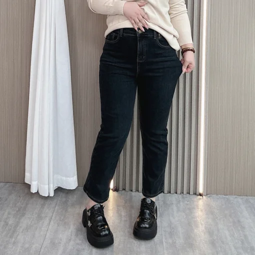 High Waisted Fleece-Lined Straight Leg Jeans for Women - Image 2