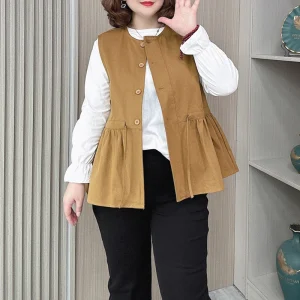 Plus Size Autumn Sleeveless Jacket Drawstring Waist Cotton Vest