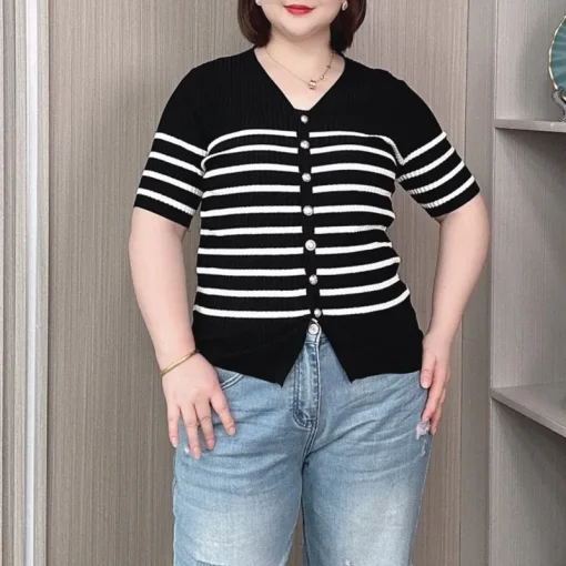 Plus Size V-Neck Ice Silk Short Sleeve Cardigan Tee