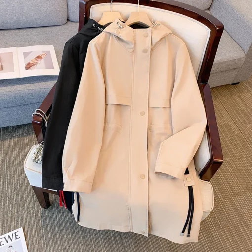 Plus Size Spring Autumn Mid-Long Hooded Trench Coat