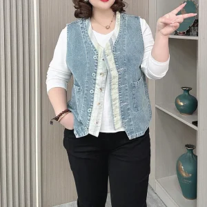 Plus Size Denim Vest Jacket Casual Preppy Retro Waistcoat