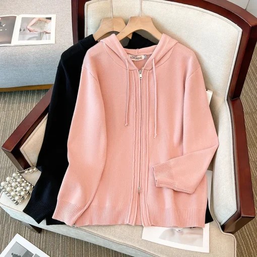 Plus Size Spring Autumn Winter Hooded Double Zipper Knitted Sweater