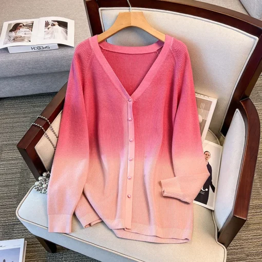 Plus Size Spring Autumn Winter Loose V-Neck Gradient Cardigan