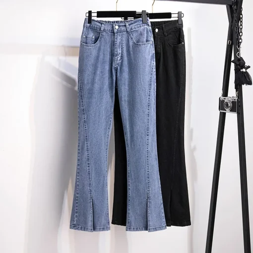 Plus Size Women's High Waist Loose Flared Slit Jeans