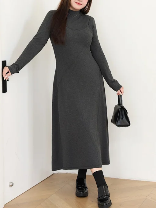 Plus Size Women's Fake Two-Piece Knitted Long Sleeve Dress - Image 2