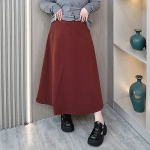 Plus Size Red Woolen High Waist Loose MIDI Skirt