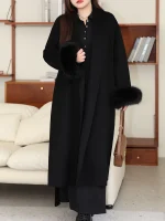 Plus Size Double Sided Wool Coat with Fox Fur Cuffs
