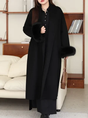 Plus Size Double Sided Wool Coat with Fox Fur Cuffs