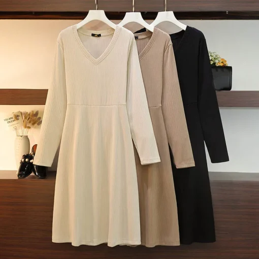 Plus Size V-Neck Long Sleeve Knitted Dress for Women