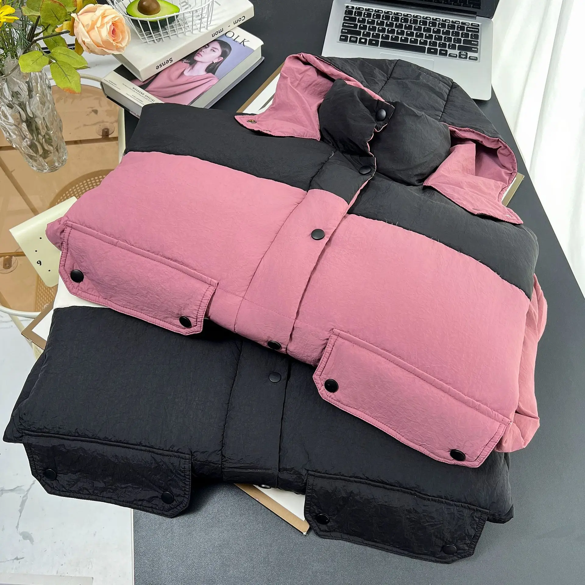 Plus Size Women Down Coat Winter Hooded Block Color Jacket - Image 5