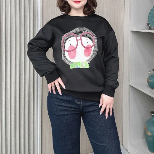 Women's Plus Size Crew-Neck Printed Pullover Hoodie - Image 4