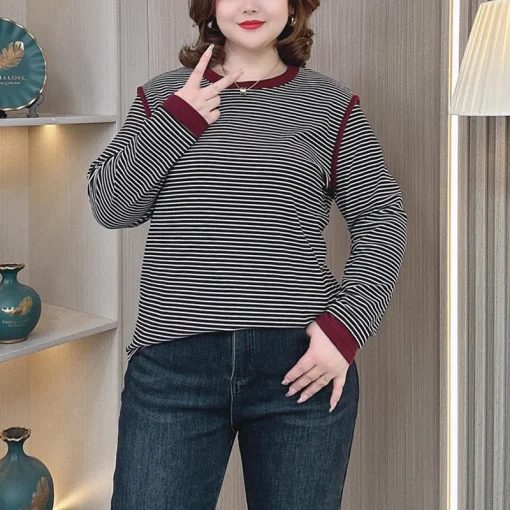 Plus Size Women’s Autumn Winter Block Color Stripes T-Shirt - Image 3