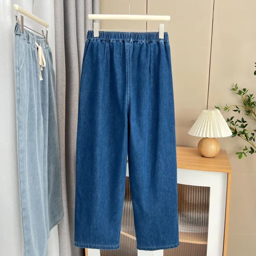 Plus Size Fleece-Lined High-Waisted Wide Leg Denim Pants - Image 3