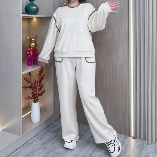 Plus Size Long Sleeve Block Color Sweatshirt and Pants Set - Image 3