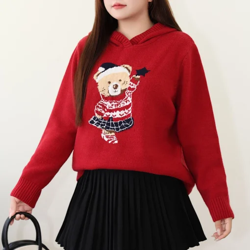 Vintage Bear Embroidered Crew Neck Sweater Women Plus Size