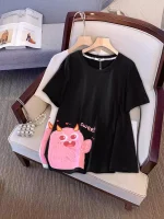 Plus Size Women's Summer Loose Cartoon T-shirt Black White