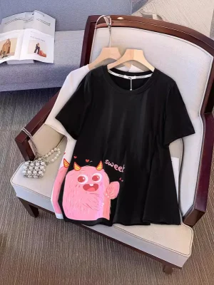 Plus Size Women's Summer Loose Cartoon T-shirt Black White