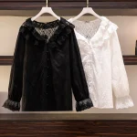 Plus Size Embroidery Lace Shirt with Ruffle Lantern Sleeves