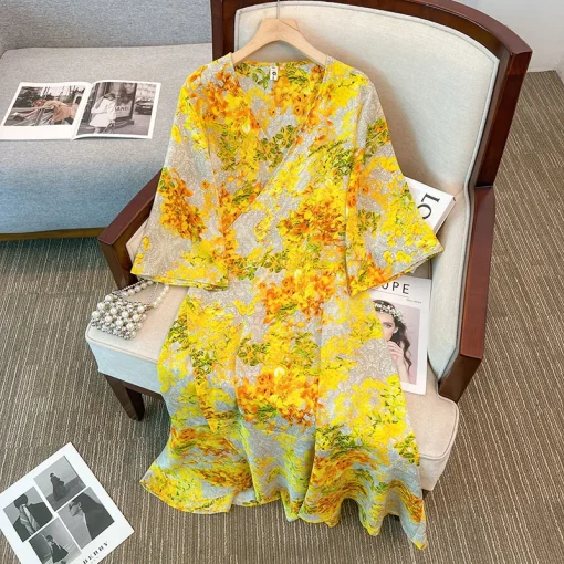 Plus Size Women's Loose Romantic Yellow Floral Beach Dress