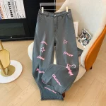 Plus Size Loose Printed Straight Leg Casual Denim Jeans