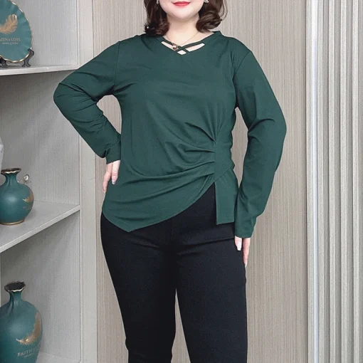 Plus Size Women’s Long Sleeve Hollow V-Neck Basic Tee - Image 2