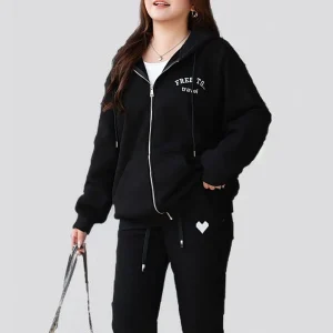 Women's Waffle Fleece Embroidered Hooded Coat, Plus Size