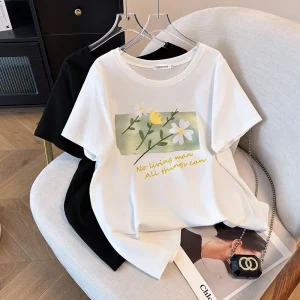 Plus Size Women's Loose Flower Print Short Sleeve T-Shirt