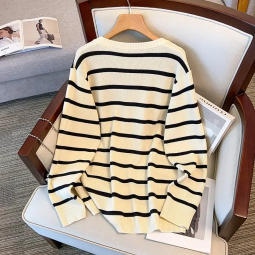 Plus Size Women's Loose Long Sleeve Striped Knitted Sweater - Image 5