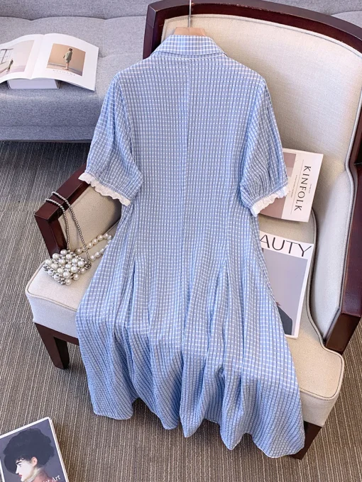 Plus Size Women's Summer Loose Blue Plaid Polo Collar Dress - Image 3