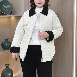 Plus Size Women's Loose Color Block Corduroy Quilted Parka