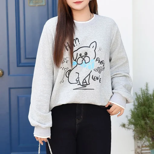 Loose Fleece-lined Hoodie Women Plus Size Cartoon Sweatshirt