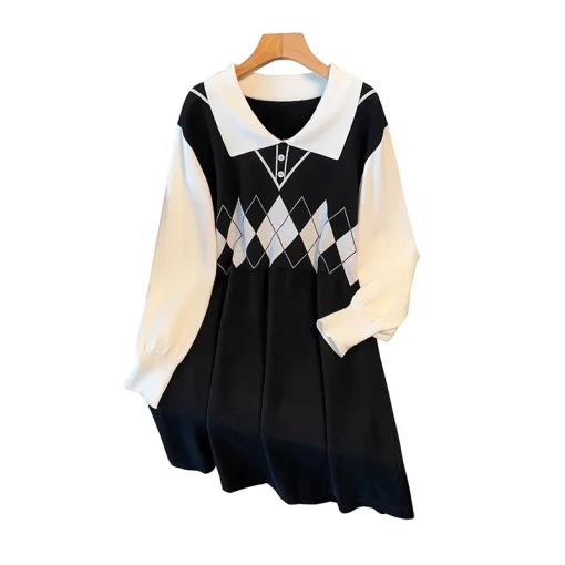 Plus Size Women's Loose Long Polo Sweater Dress Black - Image 6