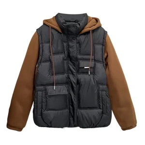 Plus Size Women’s Winter Hooded Cotton-padded Parka with Knitted Sleeves