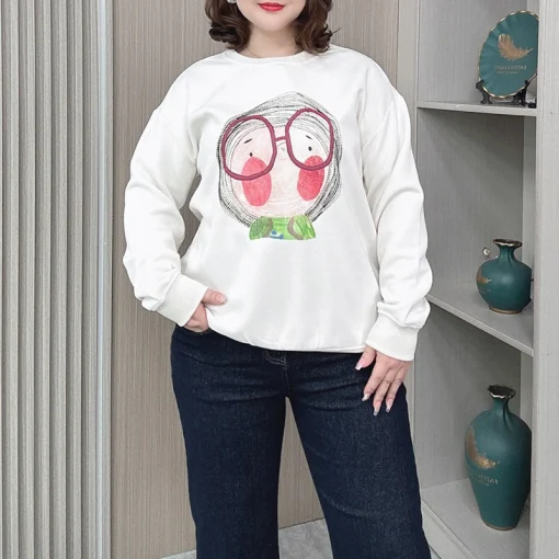 Women's Plus Size Crew-Neck Printed Pullover Hoodie