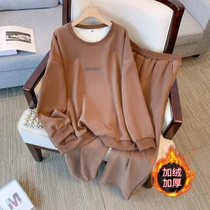 Plus Size Winter Fleece Two-Piece Sweatshirt and Pants Set