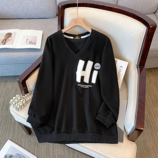 Plus Size Women's Loose V-Neck Letter Print Long Sleeve Sweatshirt - Image 3