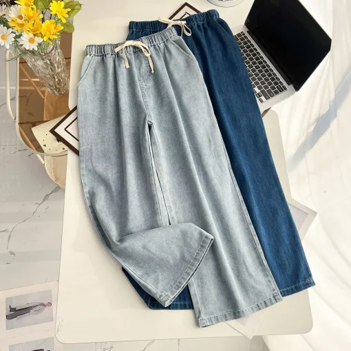 Plus Size High Waist Wide Leg Drawstring Jeans - Image 2