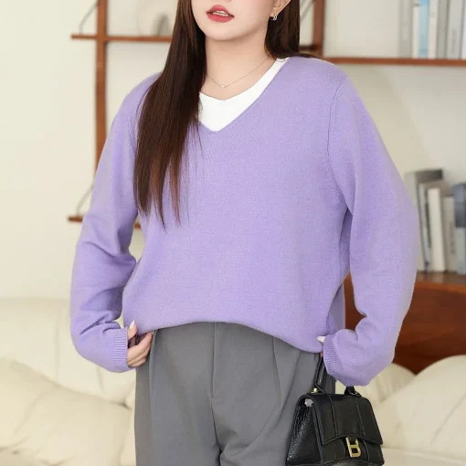 Women’s V-Neck Loose Knit Jumper, Solid Pullover, Plus Size - Image 2