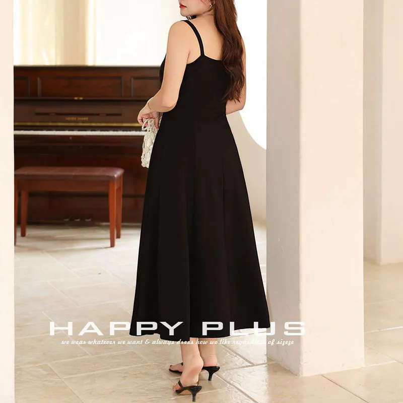 Women's Square Collar A-Line Black Long Dress, Plus Size - Image 5
