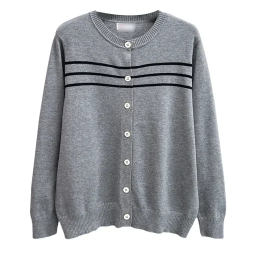 Women's Plus Size Striped Knitted Cardigan Long Sleeve Sweater - Image 6