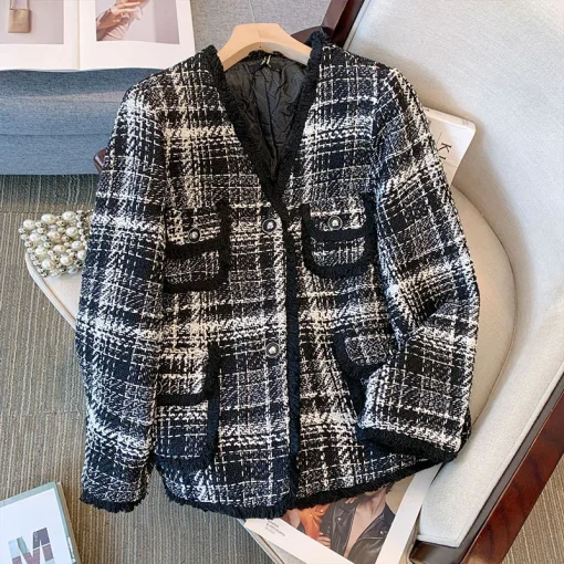 Plus Size Women's Loose Autumn Winter Thickened Checker Coat - Image 4