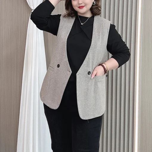 Plus Size Woolen Double-Breasted Slim Fit Vest Coat - Image 4